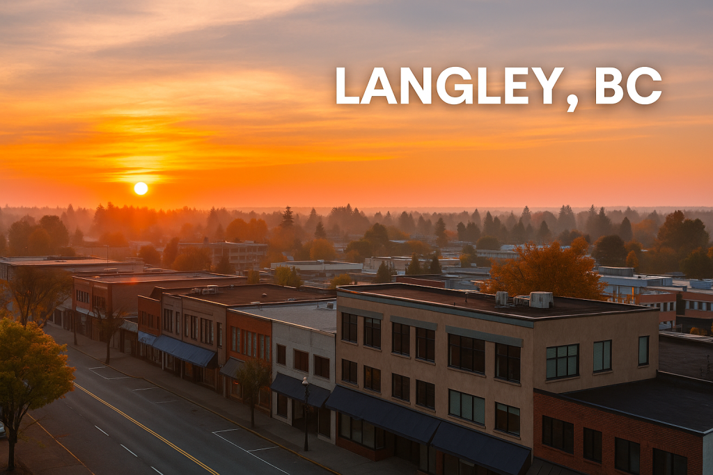 Sunrise over downtown Langley, BC captured from above, representing Coleman Technologies’ local IT support for Fraser Valley businesses.